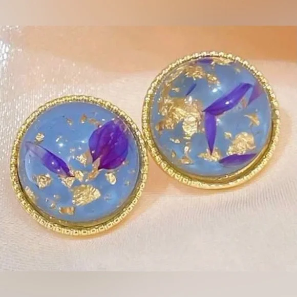 “Navy Calla Lily Petals” Blue Pressed Preserved Dried Flower Gold Flake Orb Stud - Picture 8 of 16